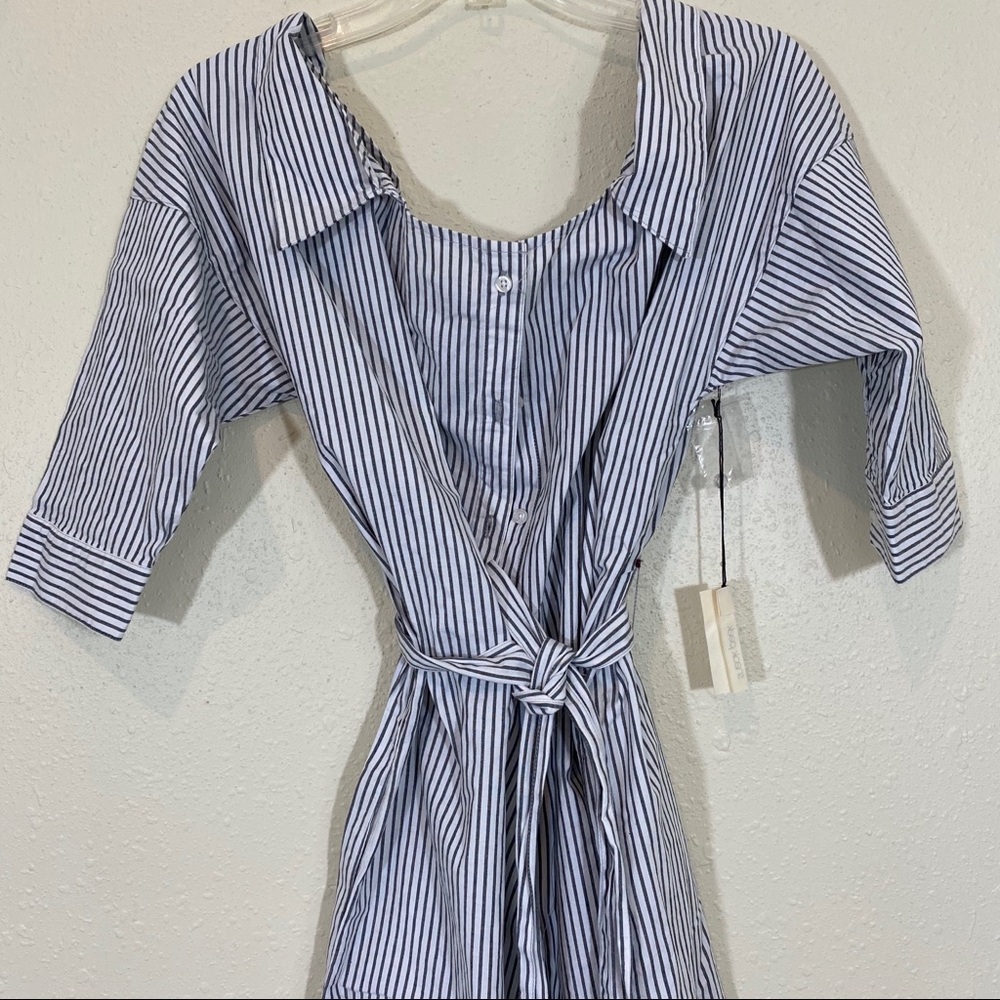 Sneak Peak Shirt Dress Railroad Mini Pinstriped Belted Cuff Sleeves Pocket Beach - Picture 1 of 13
